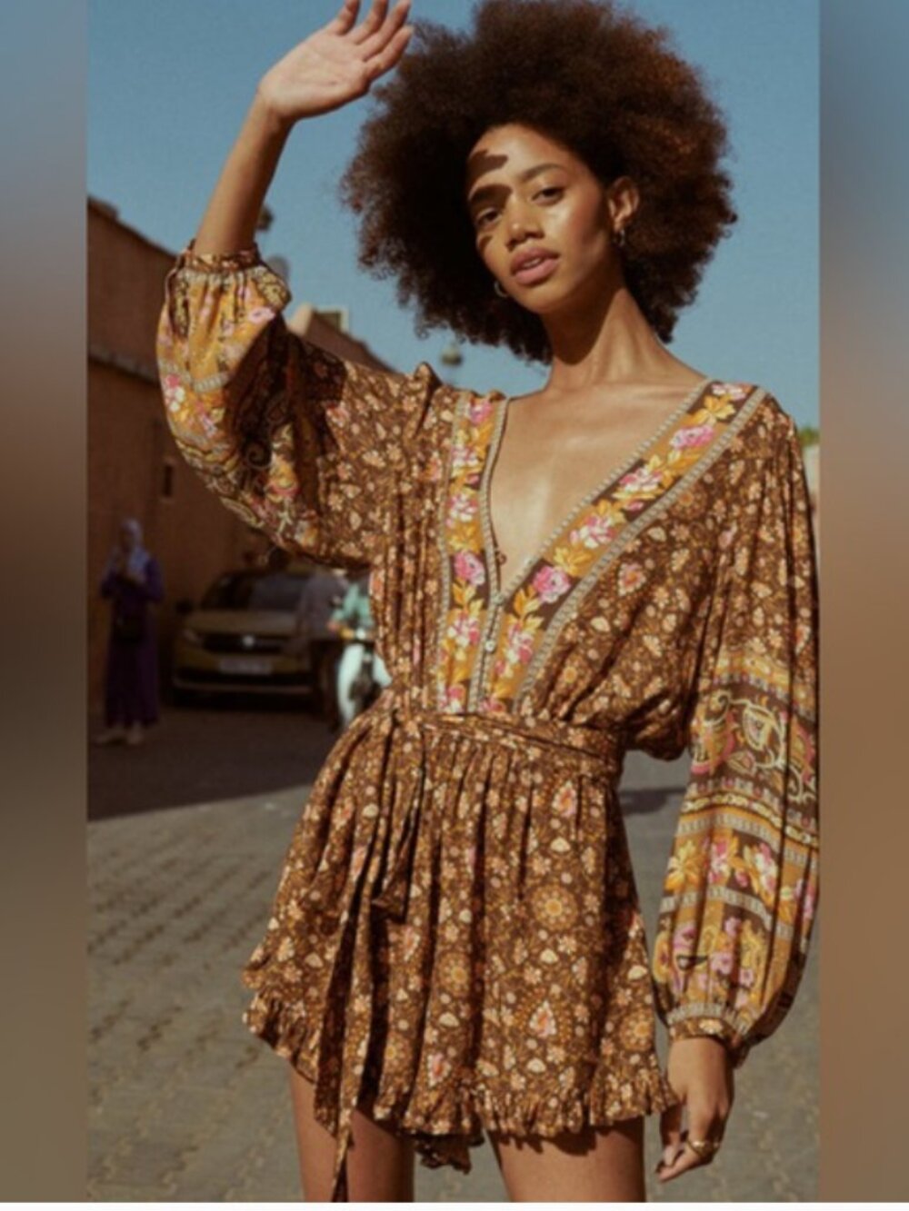 Spell Brown Floral Long Sleeve V-Neck Romper with Tassel Tie - Picture 2 of 9
